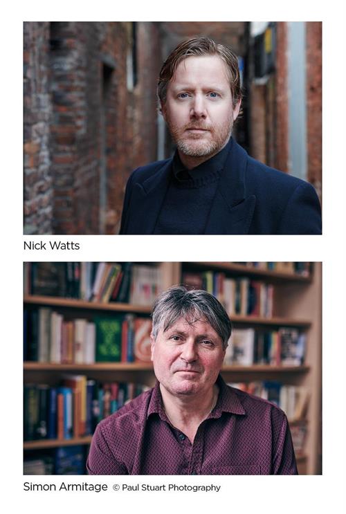 two images stacked on one another- top image is a Nick Watts stood in front of  wall and Simon Armitage stood in front of a book case